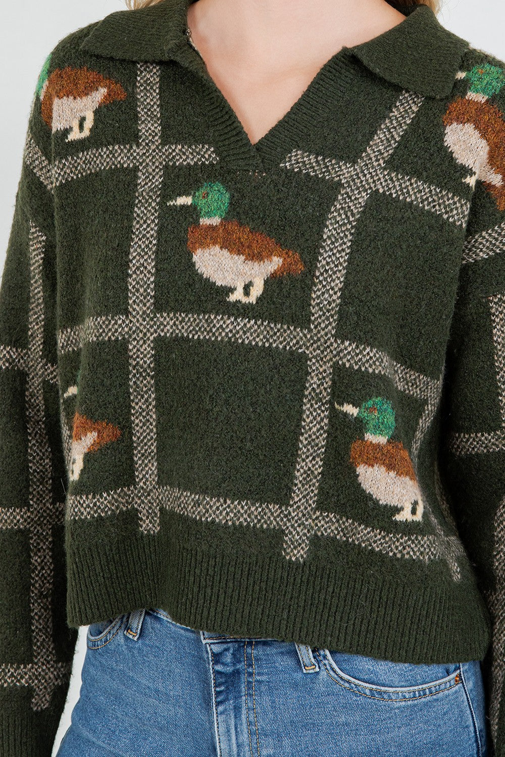 Mallard Duck Plaid Polo Sweater Green