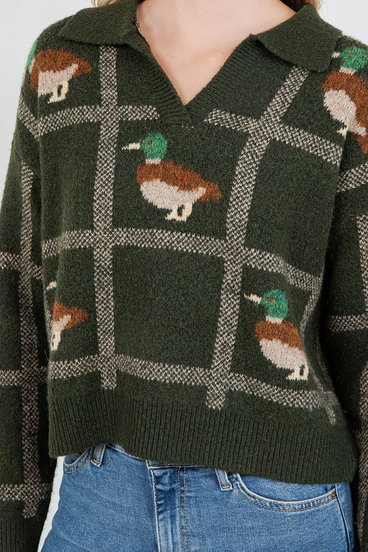 Mallard Duck Plaid Polo Sweater Green