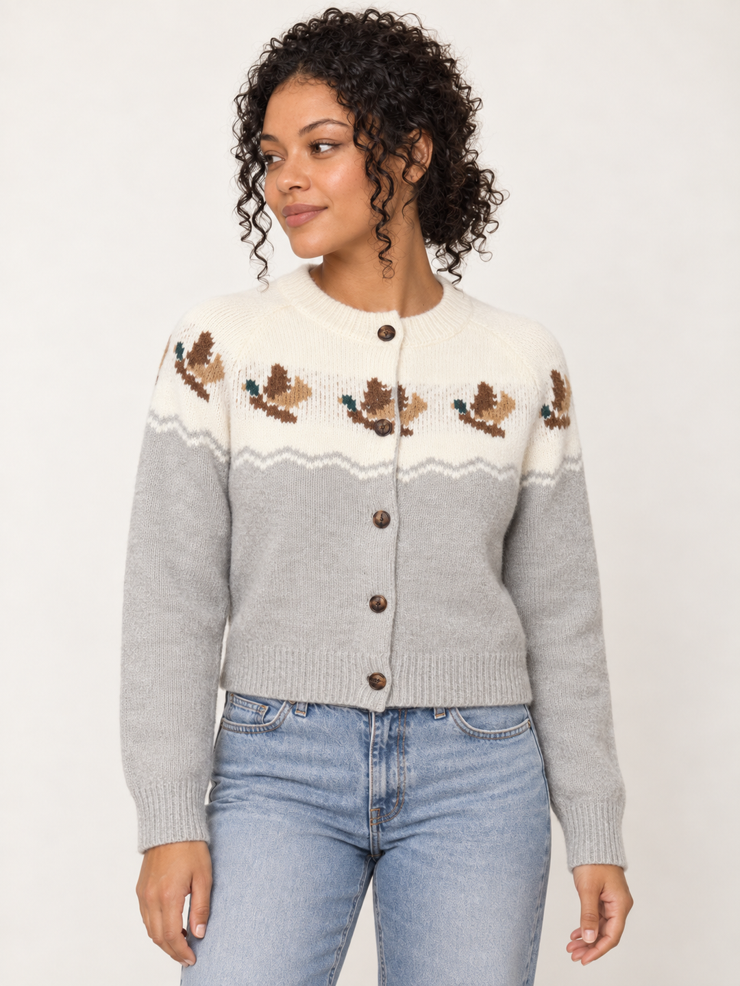 Duck Print Cardigan Gray front view