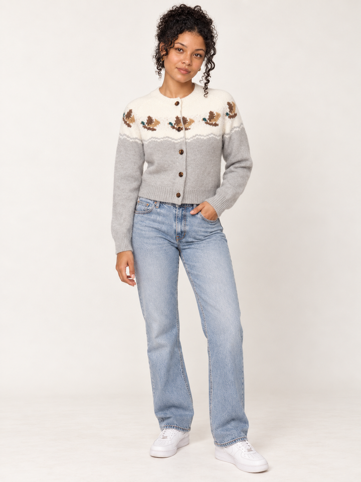 Duck Print Cardigan Gray full-body front view