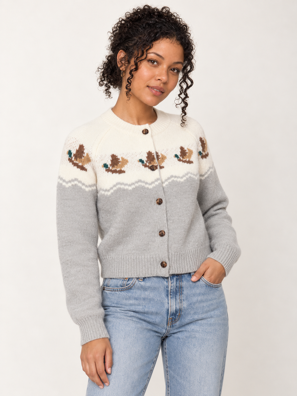 Duck Print Cardigan Gray three-quarter view