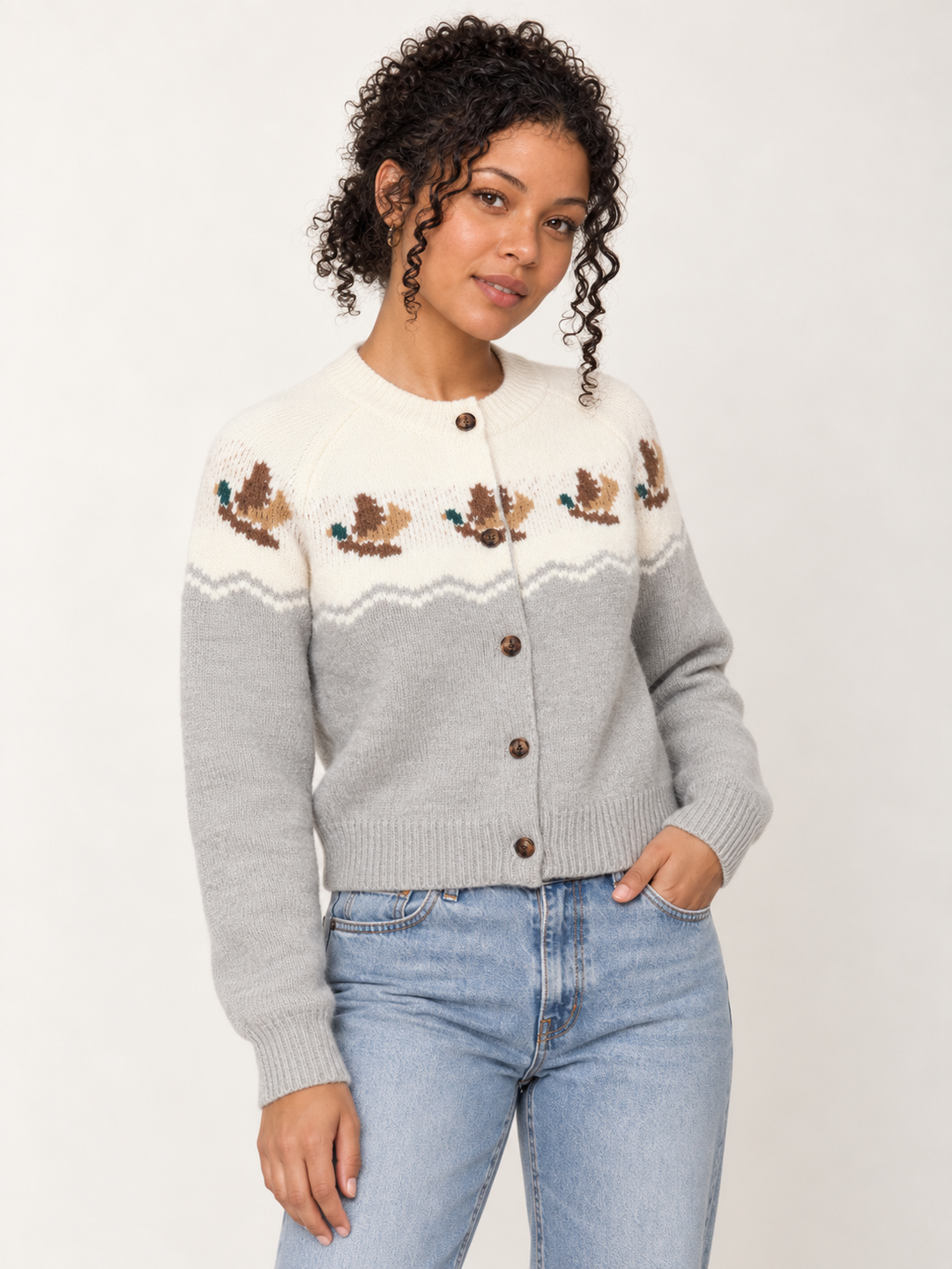 Duck Print Cardigan Gray three-quarter view