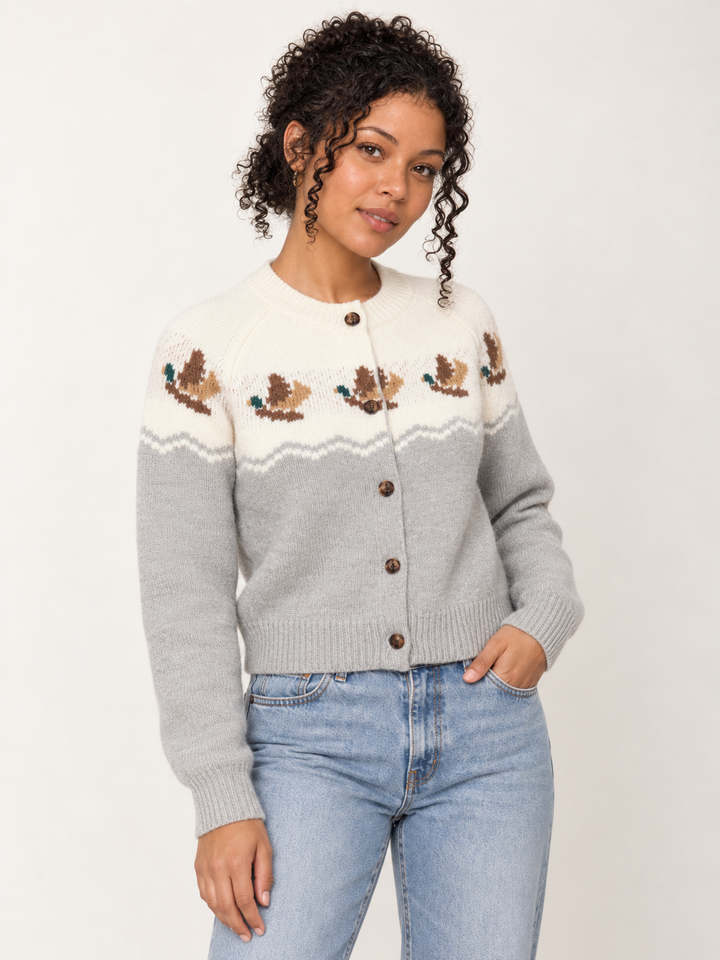 Duck Print Cardigan Gray three-quarter view