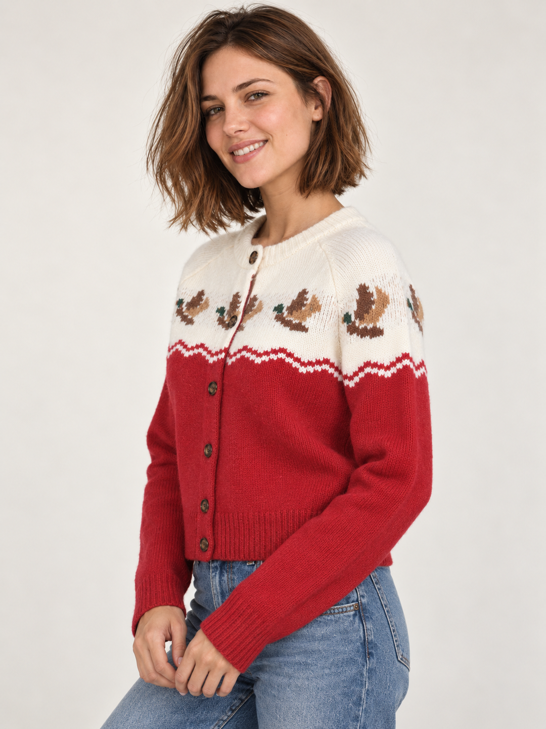 Red duck print cardigan three-quarter view