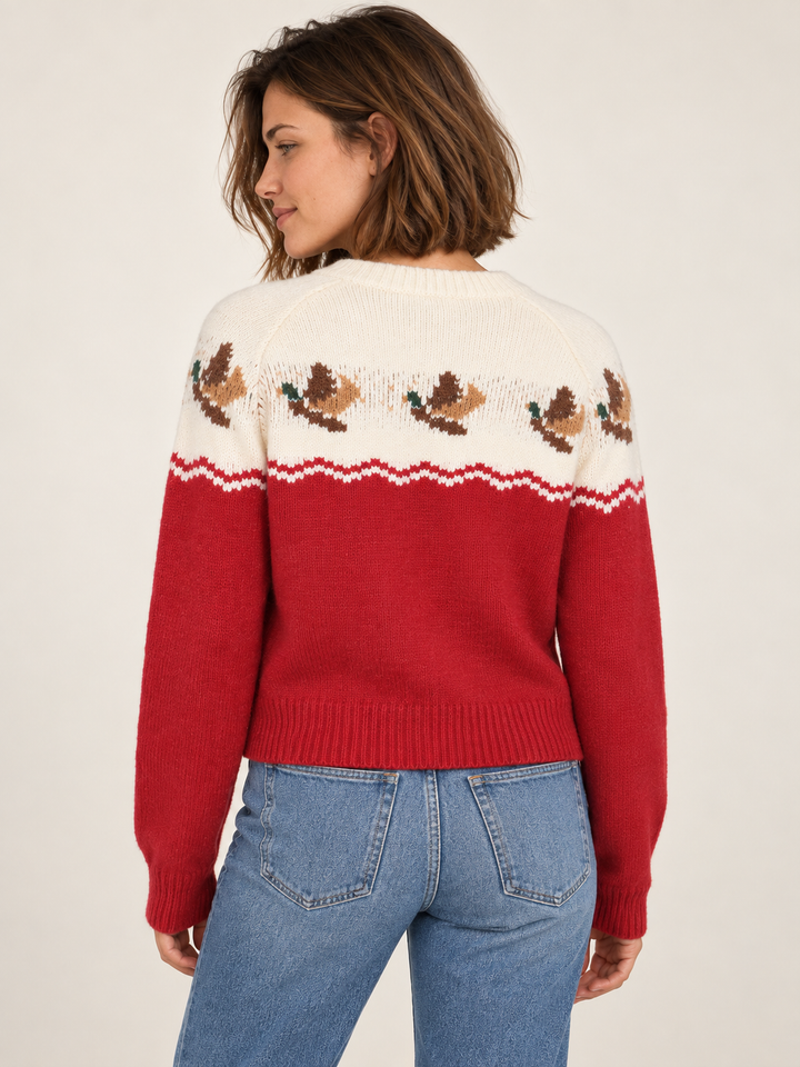 Red duck print cardigan back view