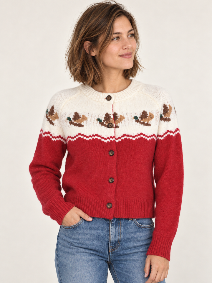Red duck print cardigan front view
