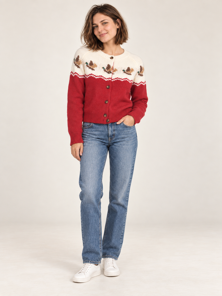Red duck print cardigan full-body front view