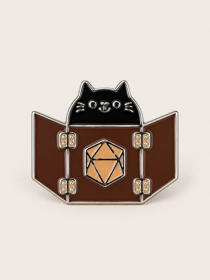 Dungeon Master Cat Pin shown on a warm neutral background