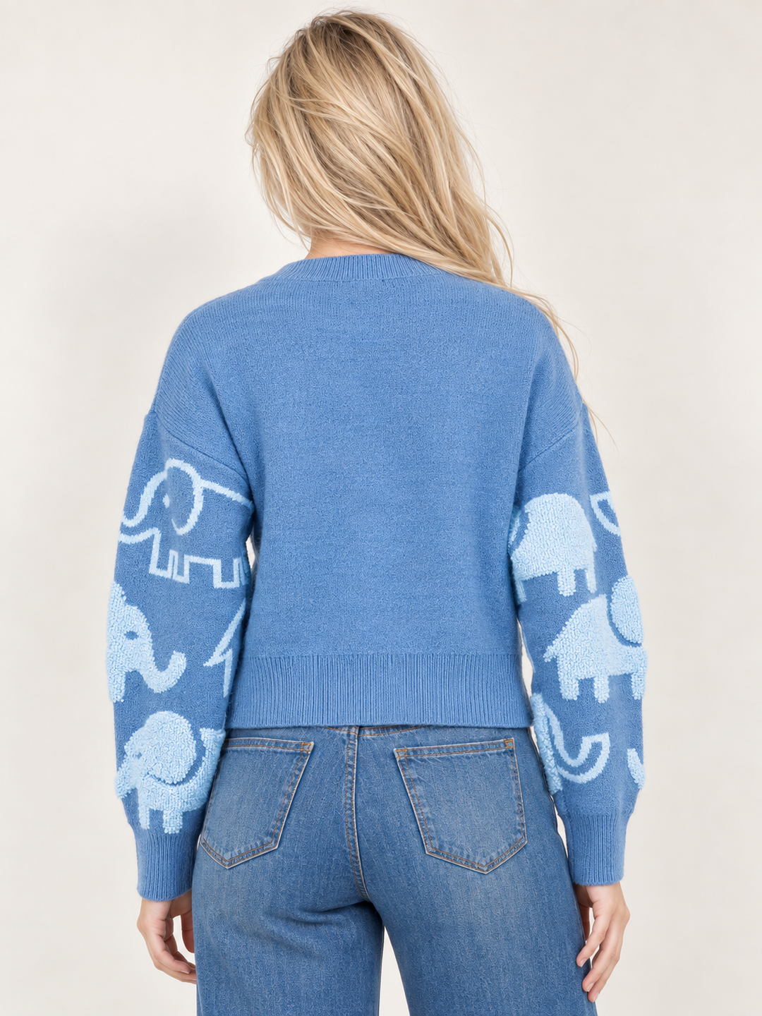 Elephant Sweater Blue back view on model