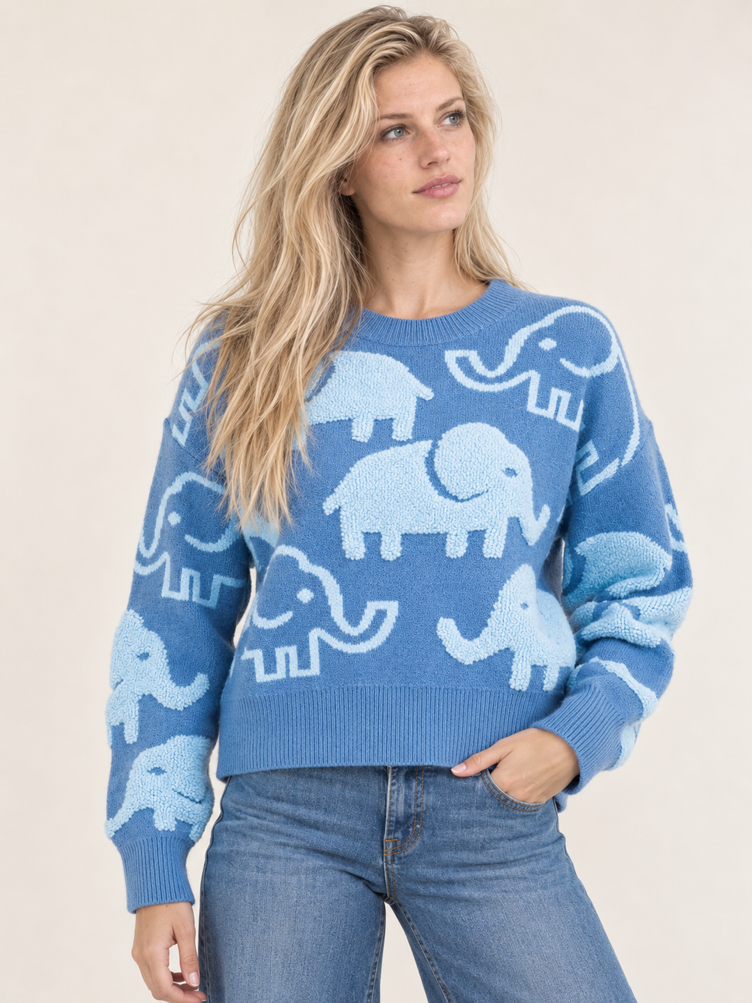 Elephant Sweater Blue front view on model