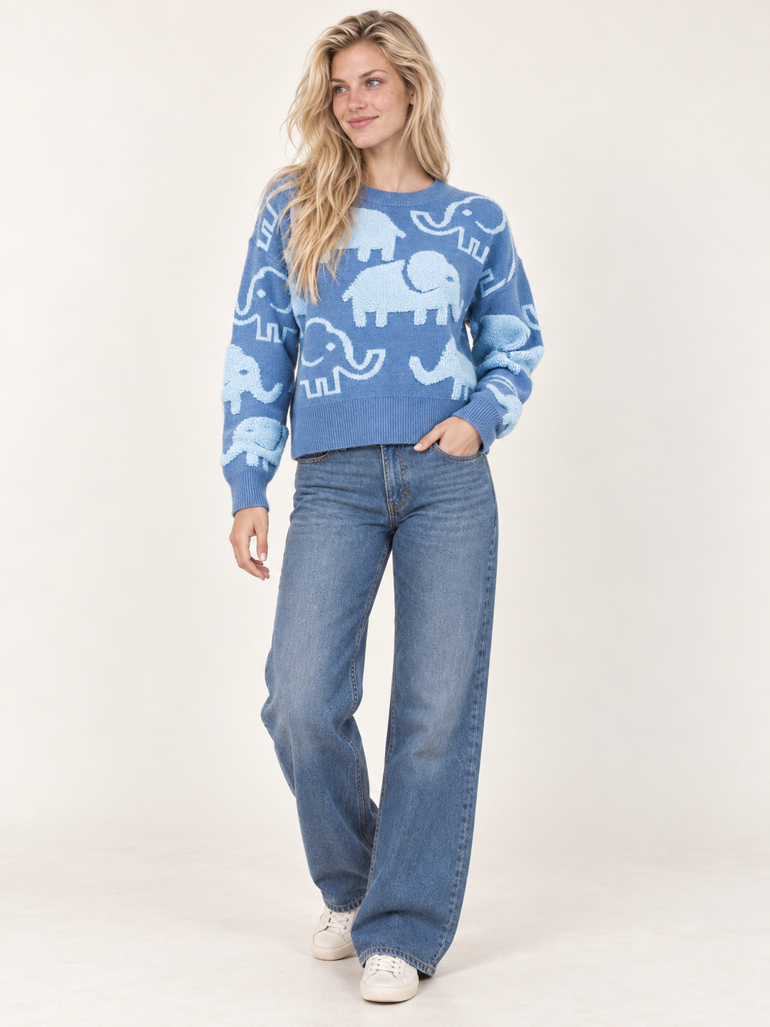 Elephant Sweater Blue full-body view on model