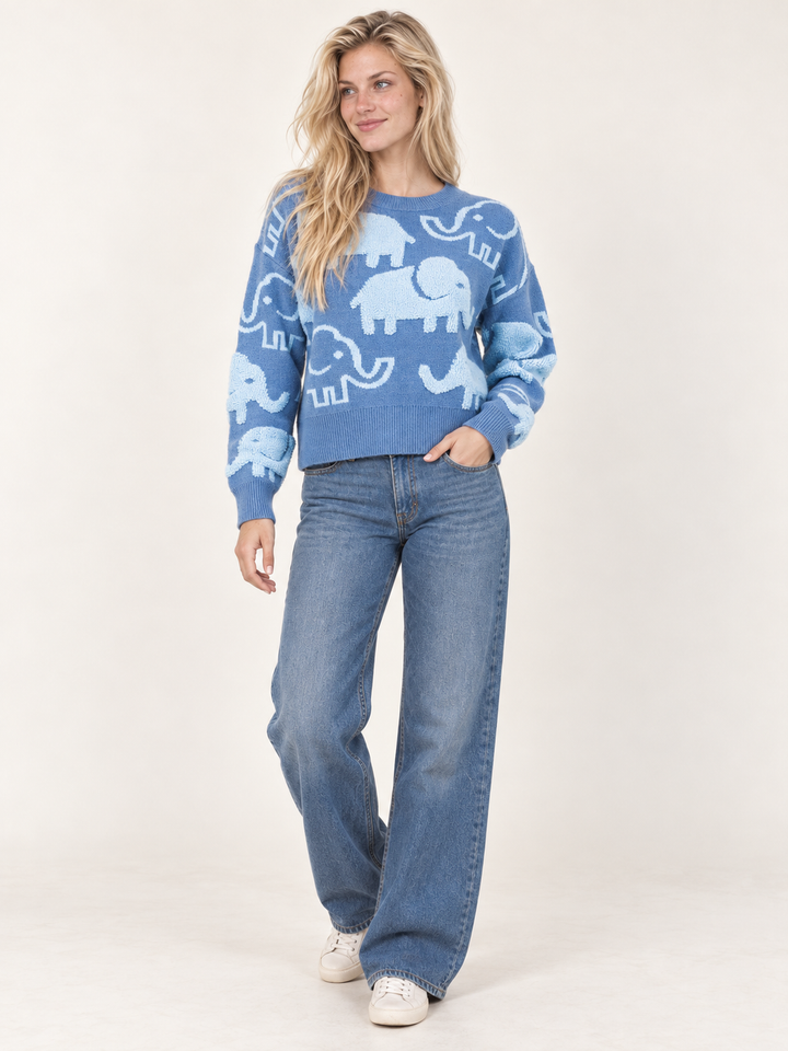 Elephant Sweater Blue full-body view on model