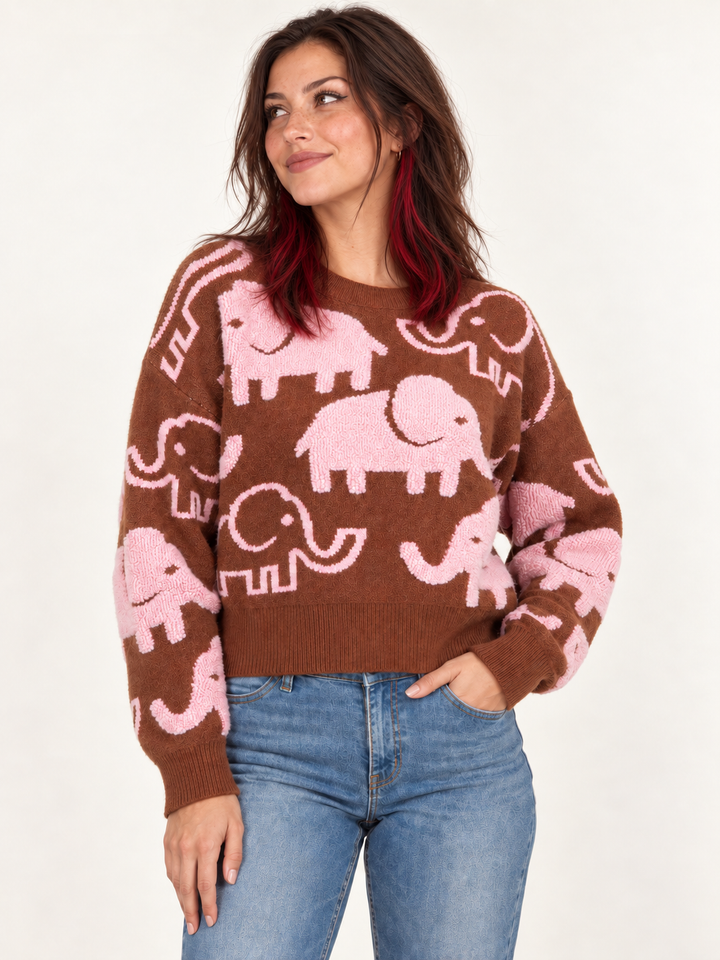 Rust elephant sweater front view on model