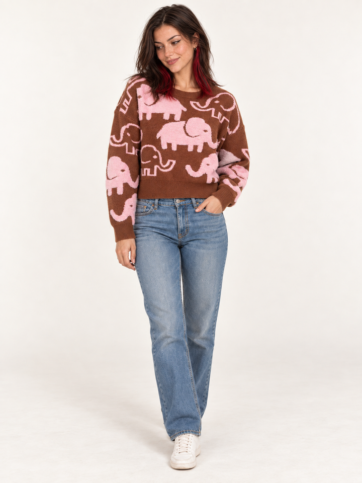Rust elephant sweater full-body front view on model
