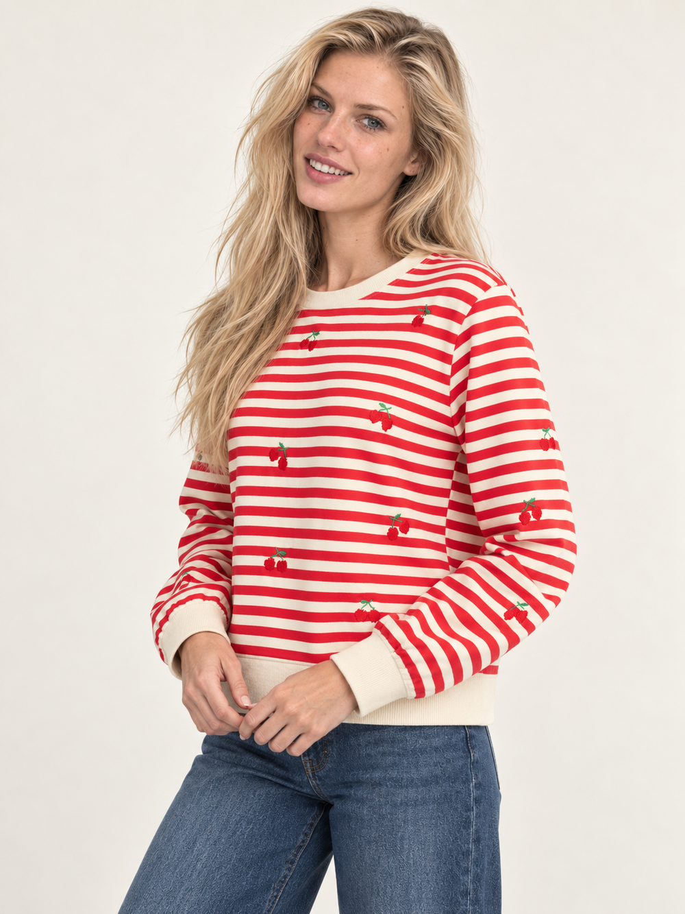 Embroidered Cherry Stripe Sweatshirt angled view