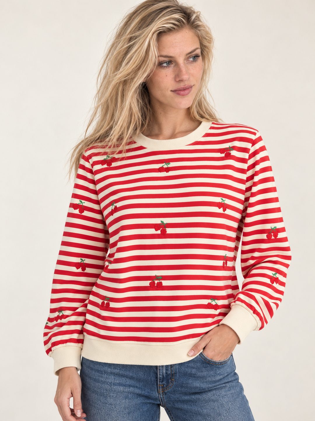 Embroidered Cherry Stripe Sweatshirt front view