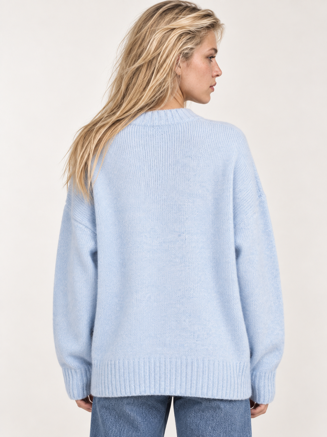 Light blue embroidered ducks sweater back view