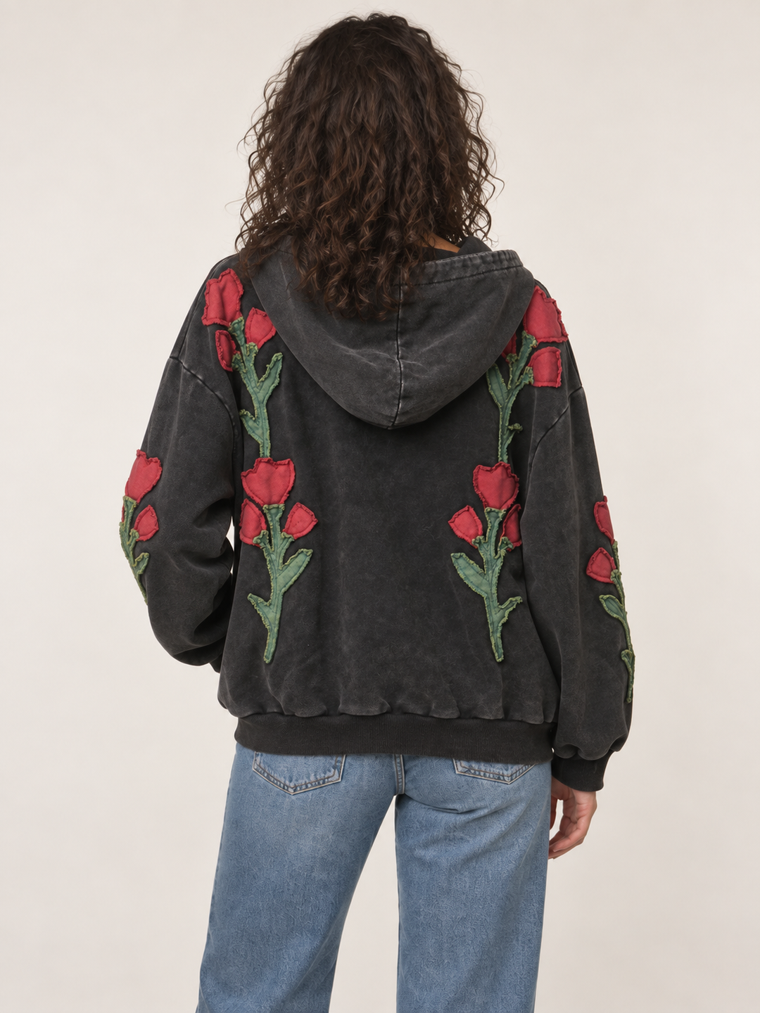 Embroidered floral patchwork zip-up hoodie back view