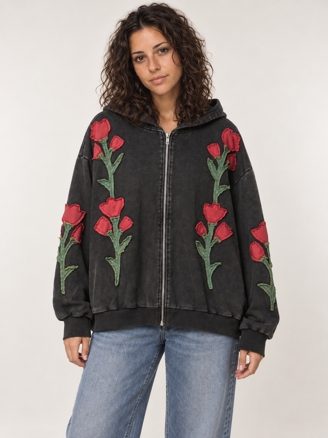 Embroidered floral patchwork zip-up hoodie front view