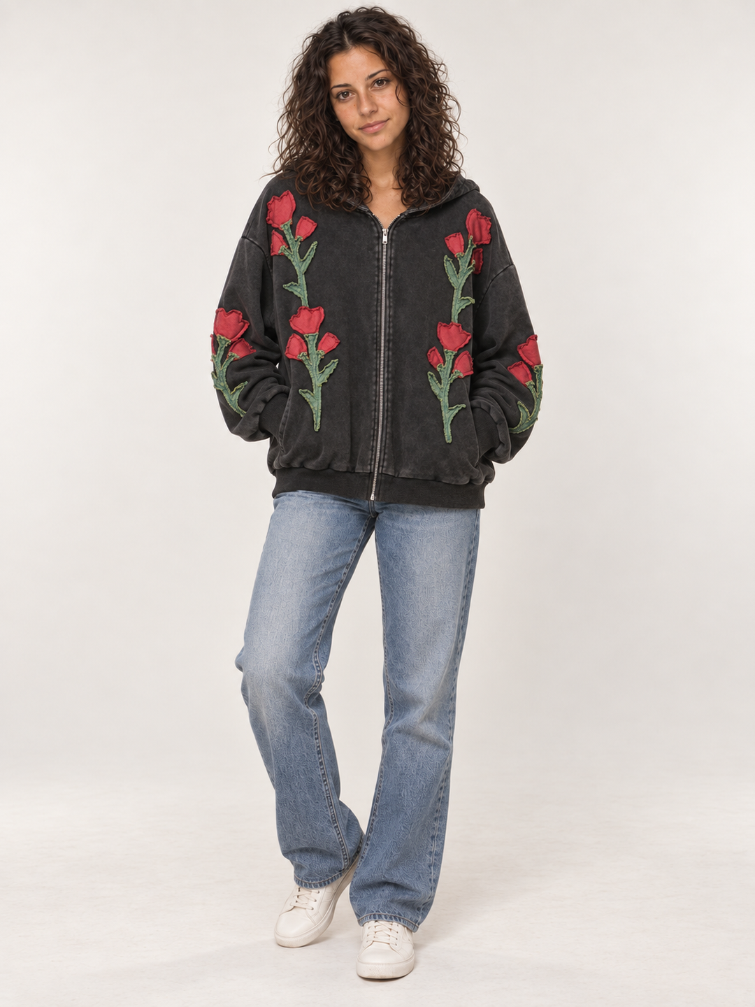 Embroidered floral patchwork zip-up hoodie full-body view