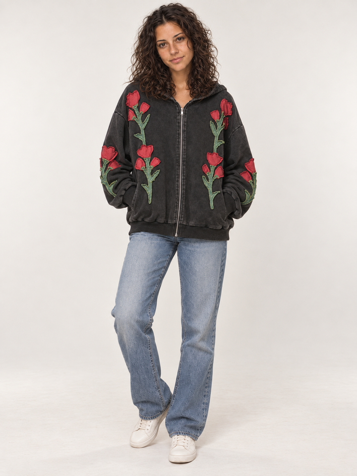 Embroidered floral patchwork zip-up hoodie full-body view