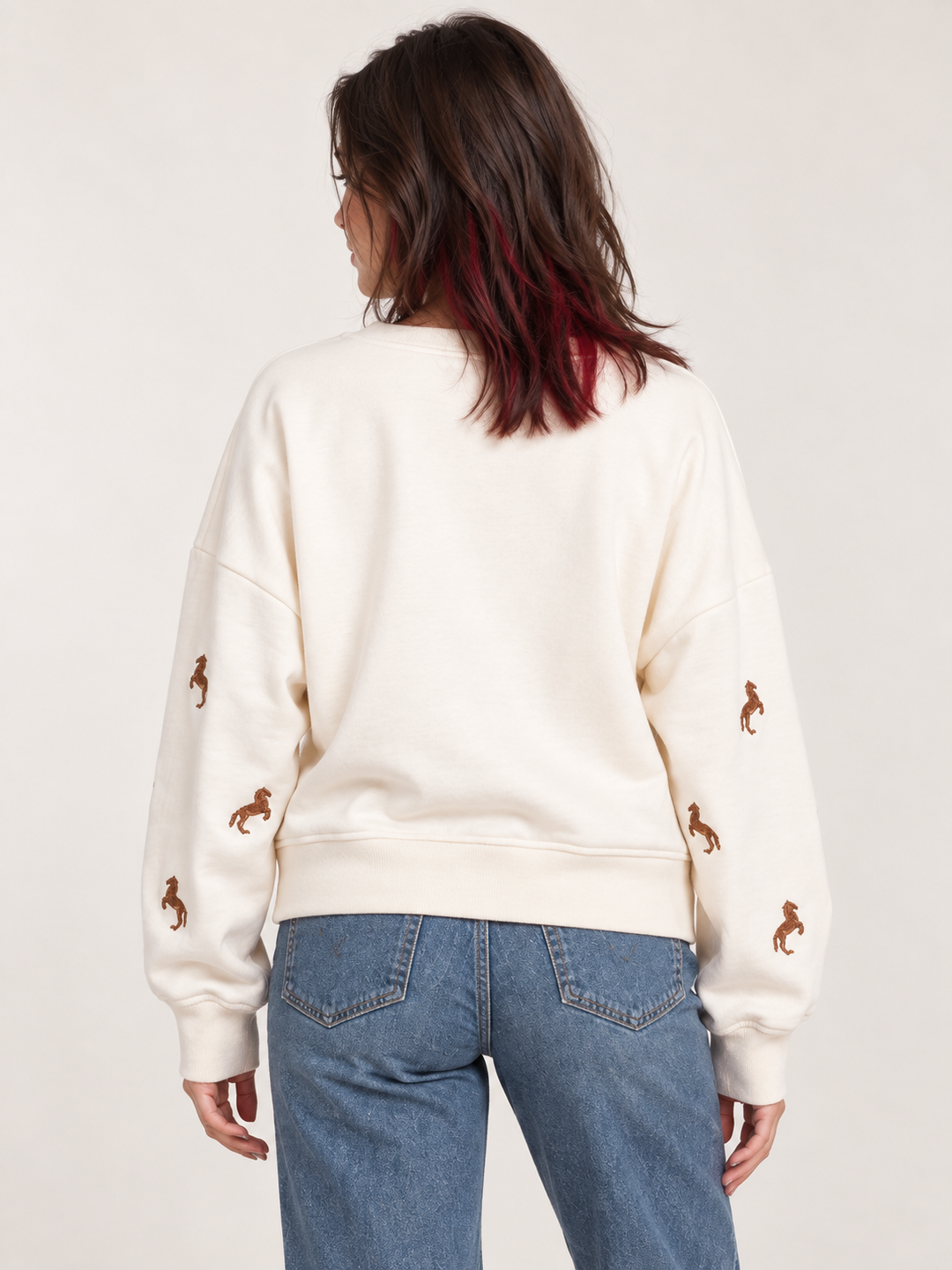 Embroidered Horse Sweatshirt Ivory back view on model