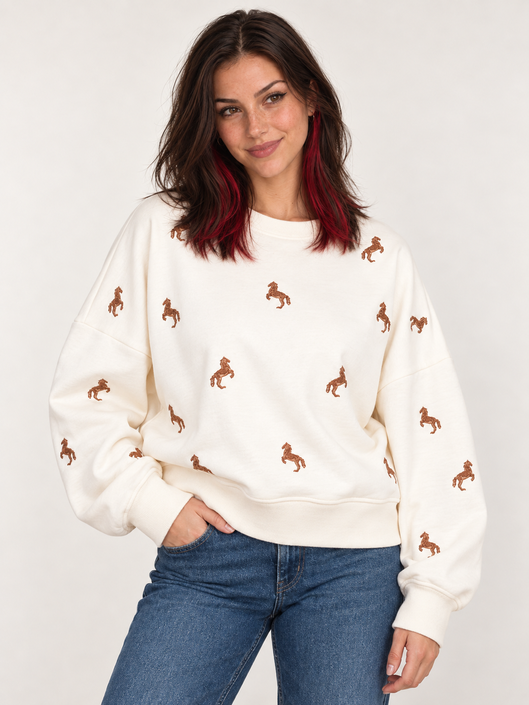 Embroidered Horse Sweatshirt Ivory front view on model
