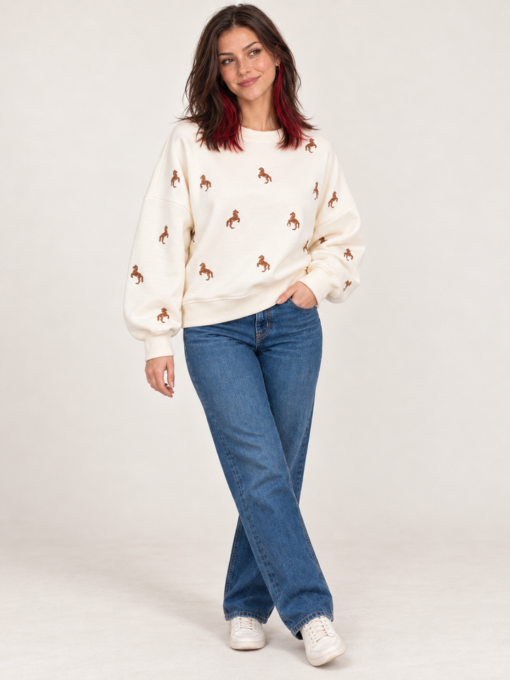 Embroidered Horse Sweatshirt Ivory full-body view on model