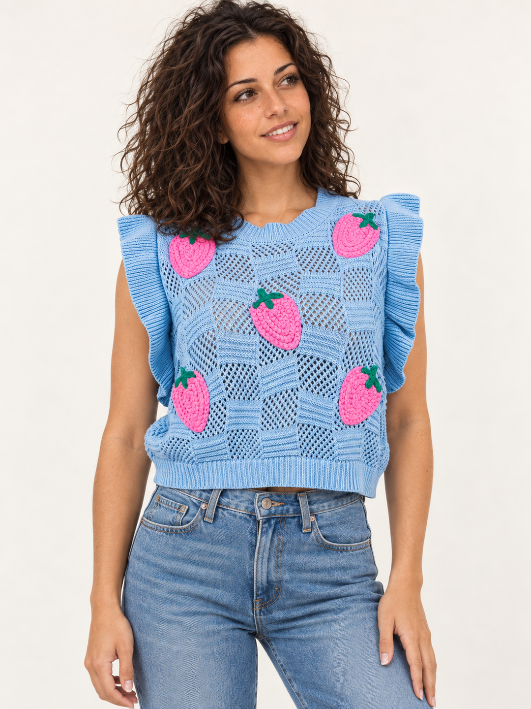Embroidered Strawberry Knit Vest Blue front view