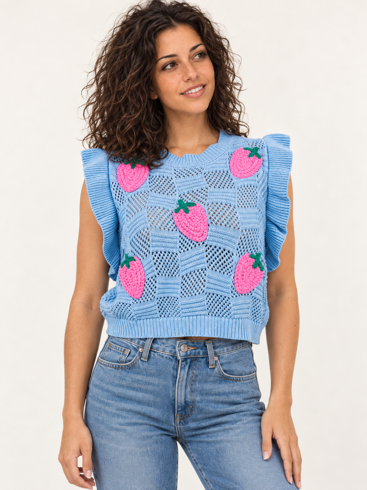 Embroidered Strawberry Knit Vest Blue front view