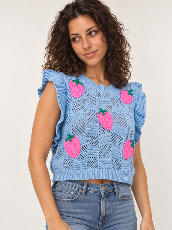 Embroidered Strawberry Knit Vest Blue angled view