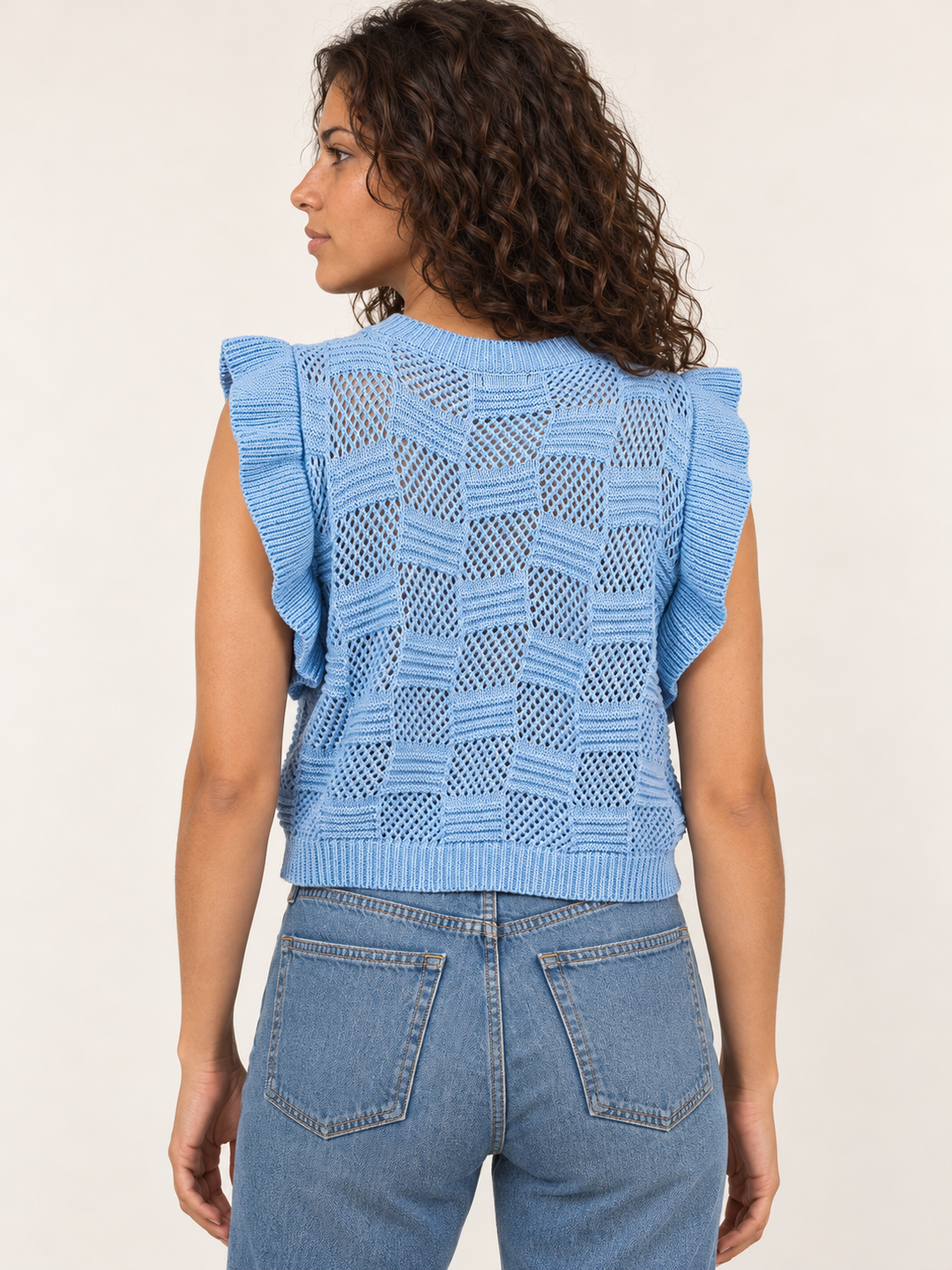 Embroidered Strawberry Knit Vest Blue back view