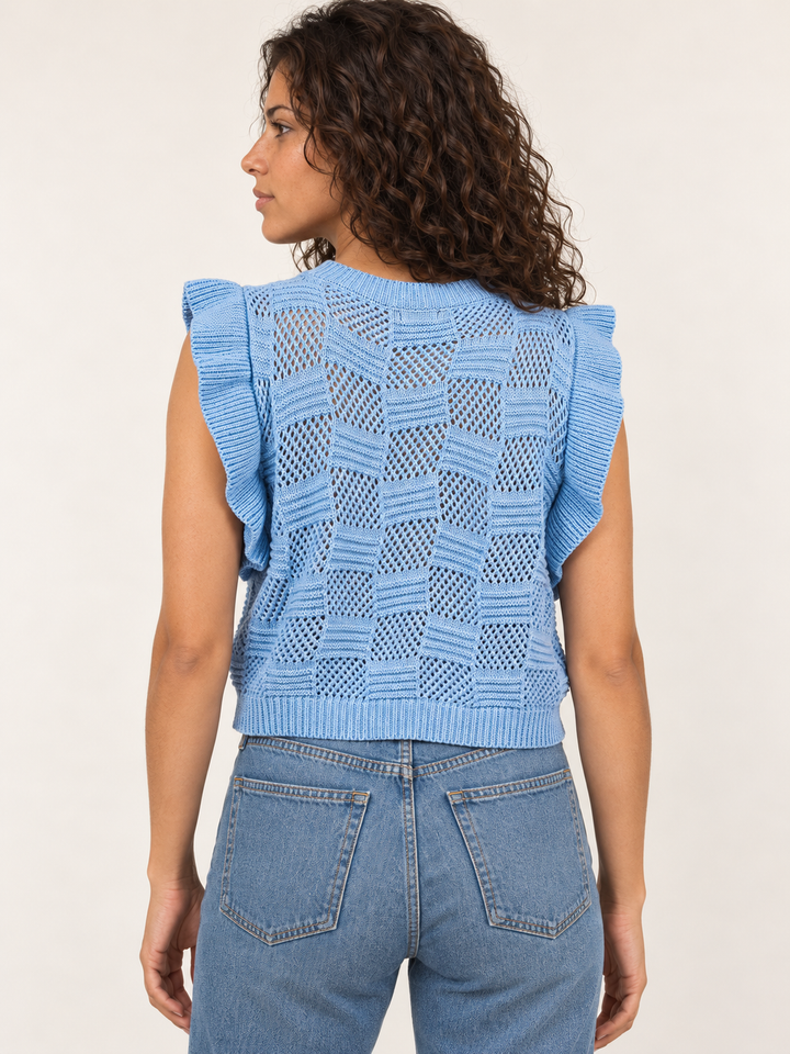 Embroidered Strawberry Knit Vest Blue back view