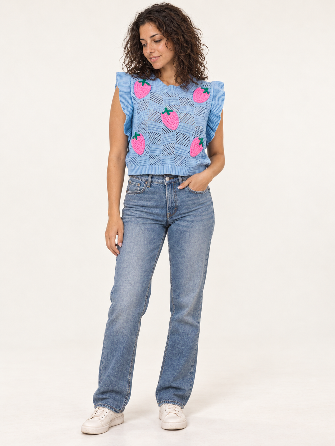 Embroidered Strawberry Knit Vest Blue full-body view