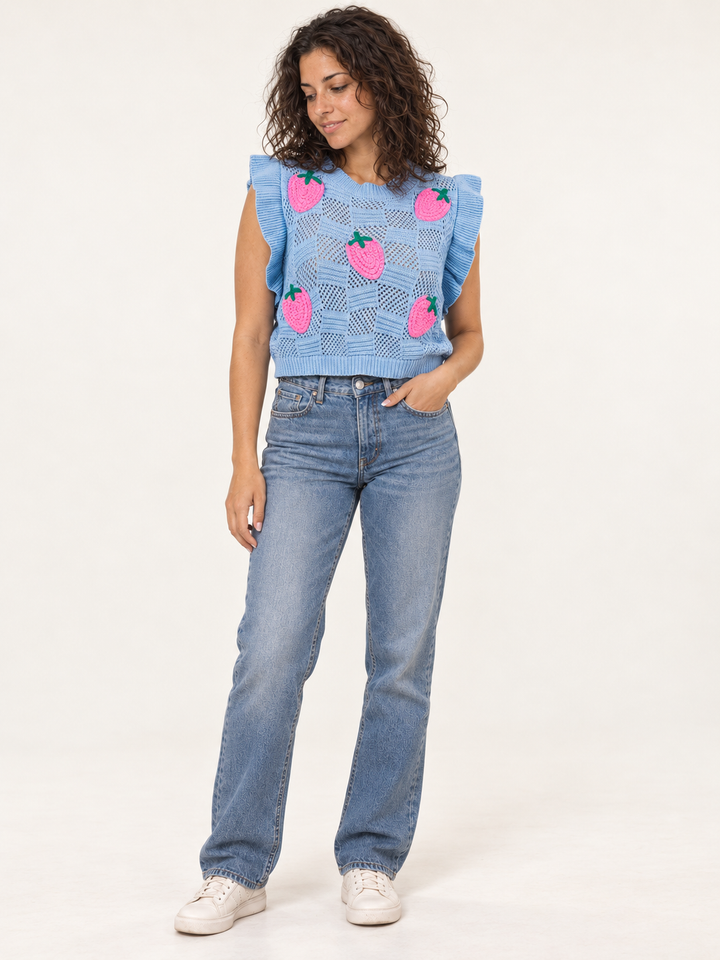 Embroidered Strawberry Knit Vest Blue full-body view