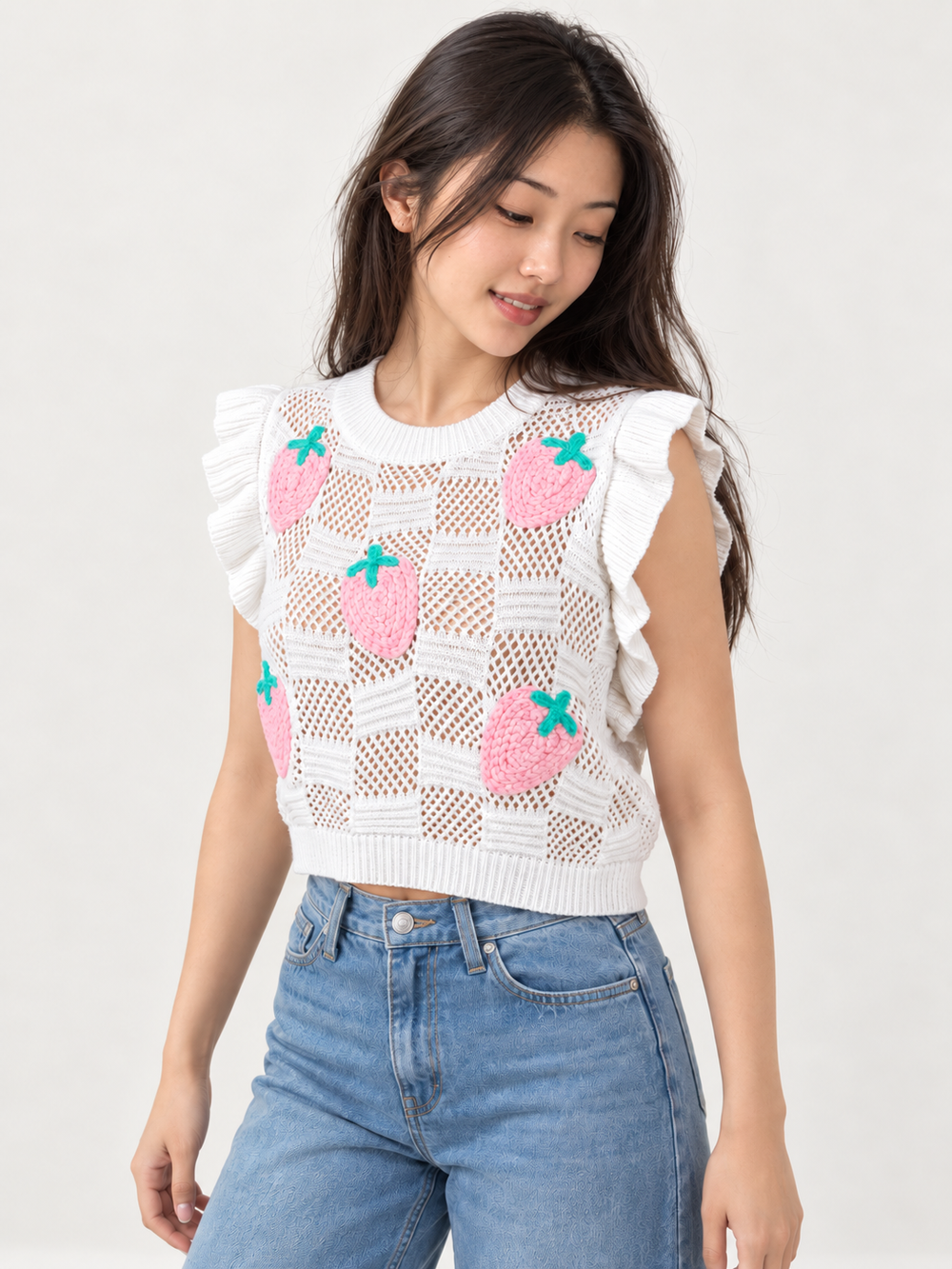 Embroidered Strawberry Knit Vest White angled front view
