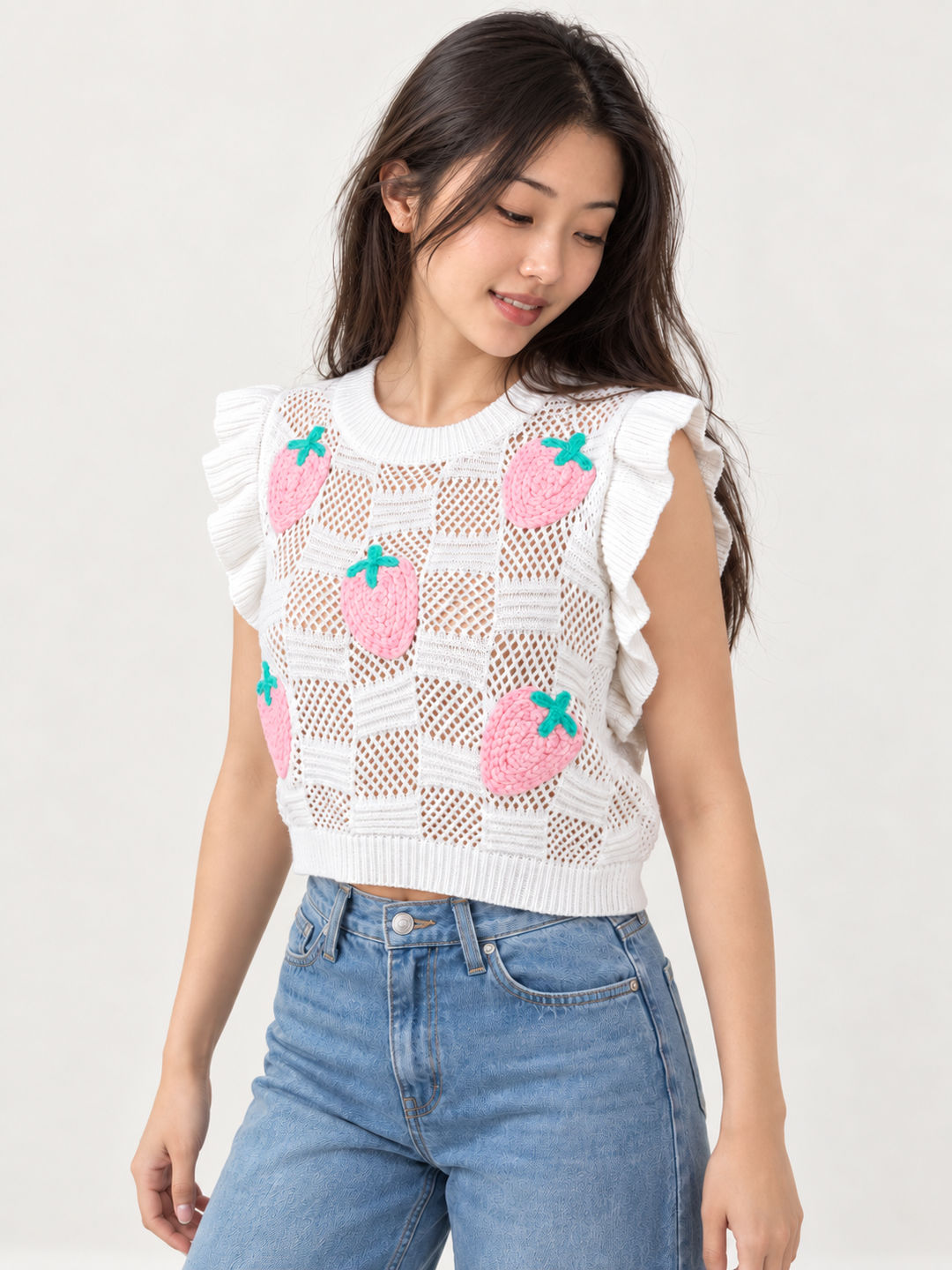 Embroidered Strawberry Knit Vest White angled front view