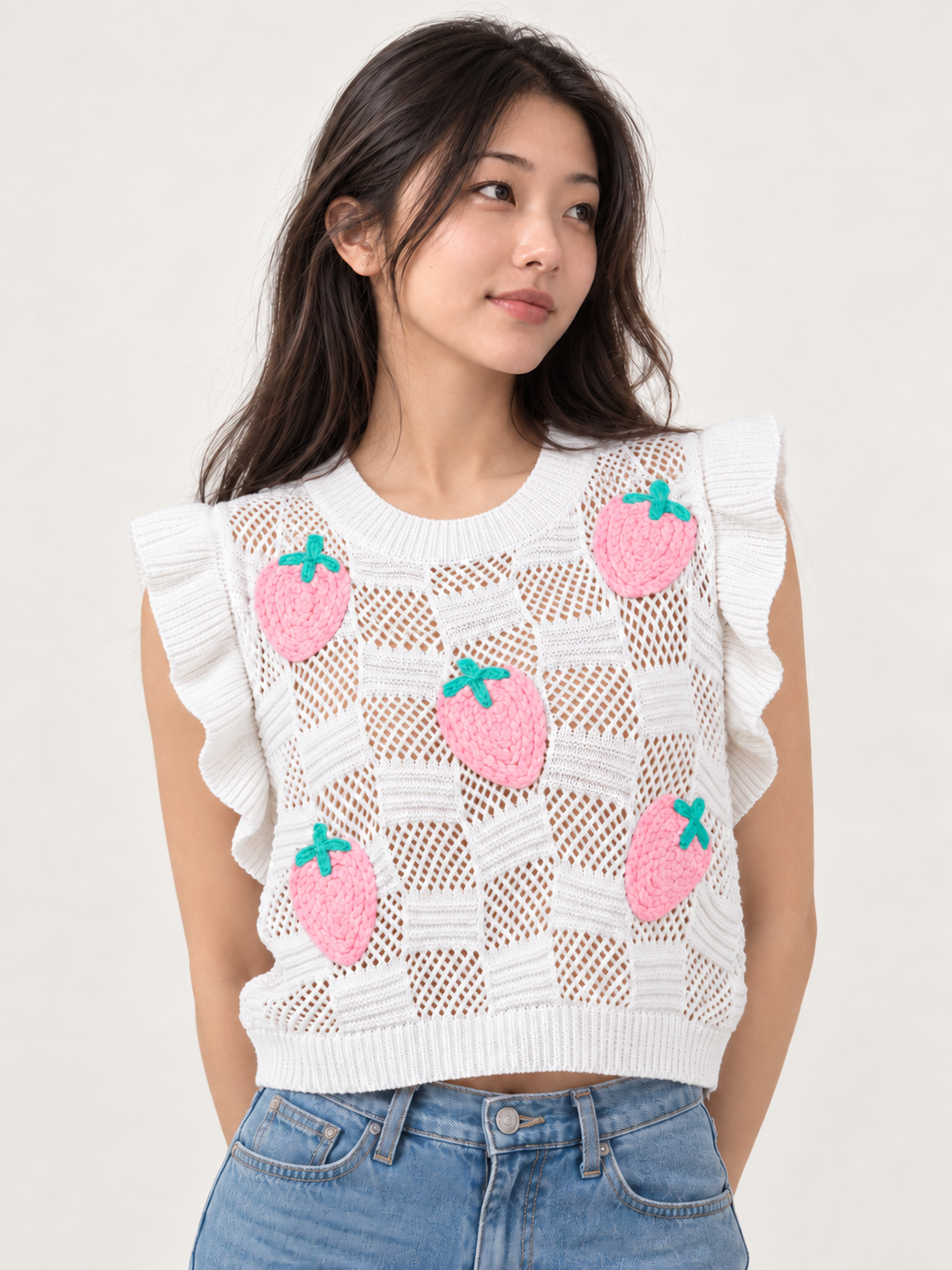 Embroidered Strawberry Knit Vest White front view