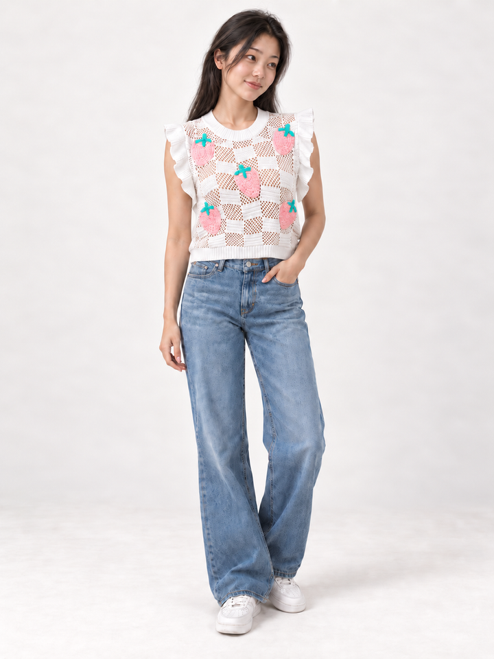 Embroidered Strawberry Knit Vest White full body view