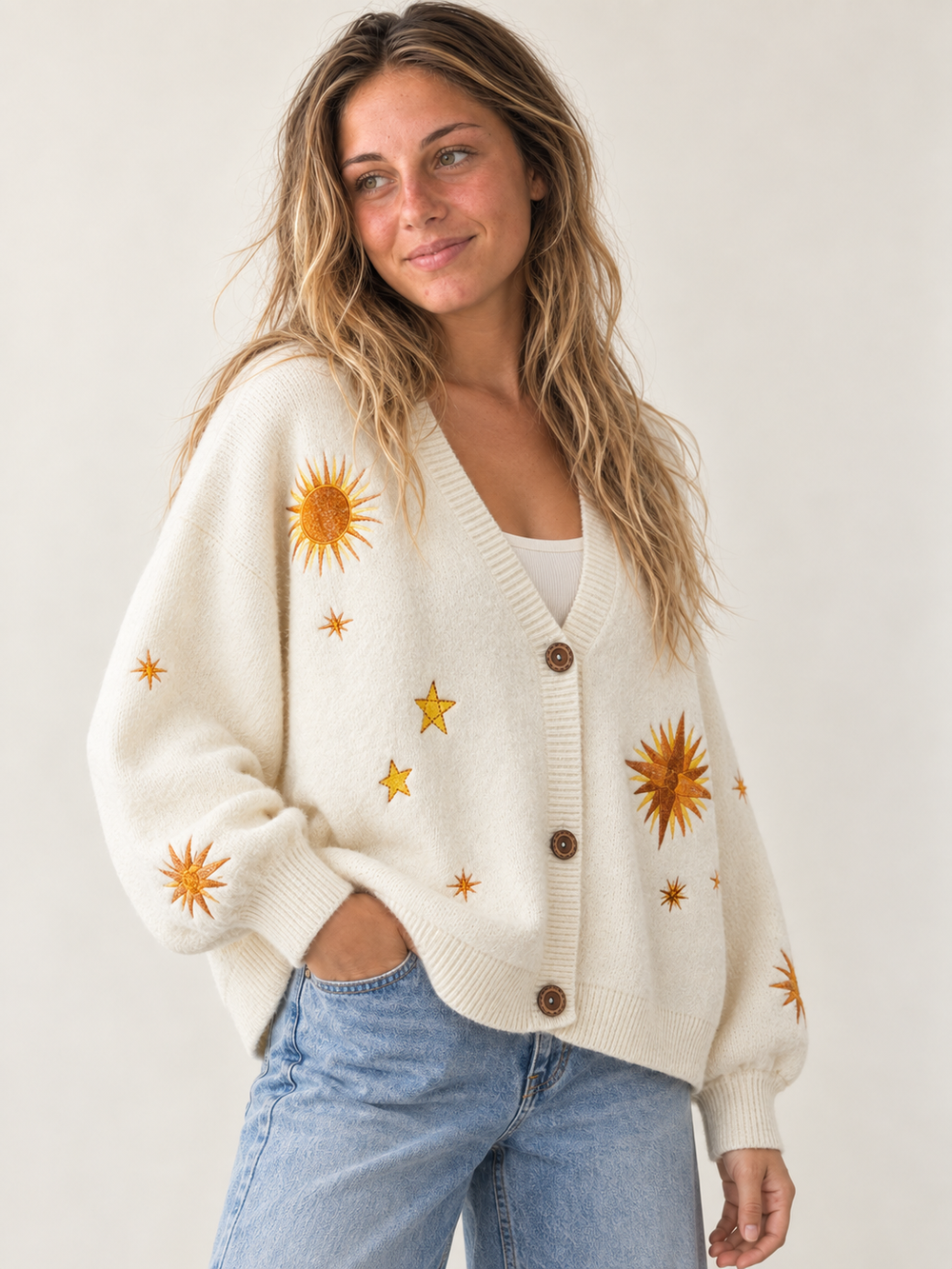 Model wearing oversized ivory embroidered sunburst and star cardigan, three-quarter view