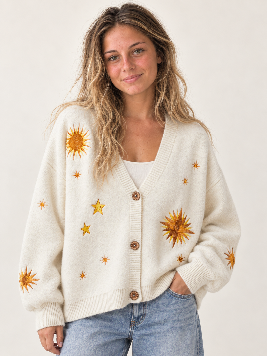 Model wearing oversized ivory embroidered sunburst and star cardigan, front view