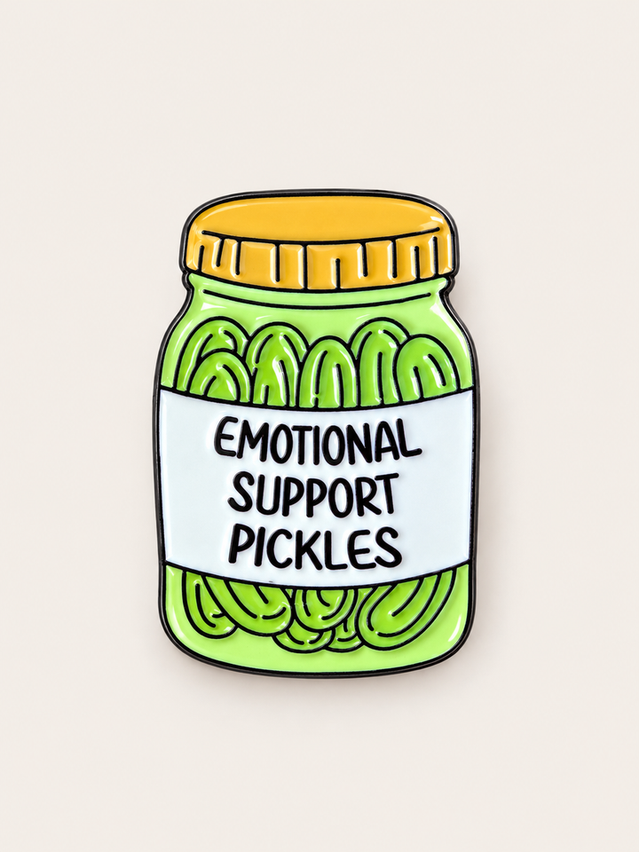Emotional Support Pickles Pin shown on a warm neutral background
