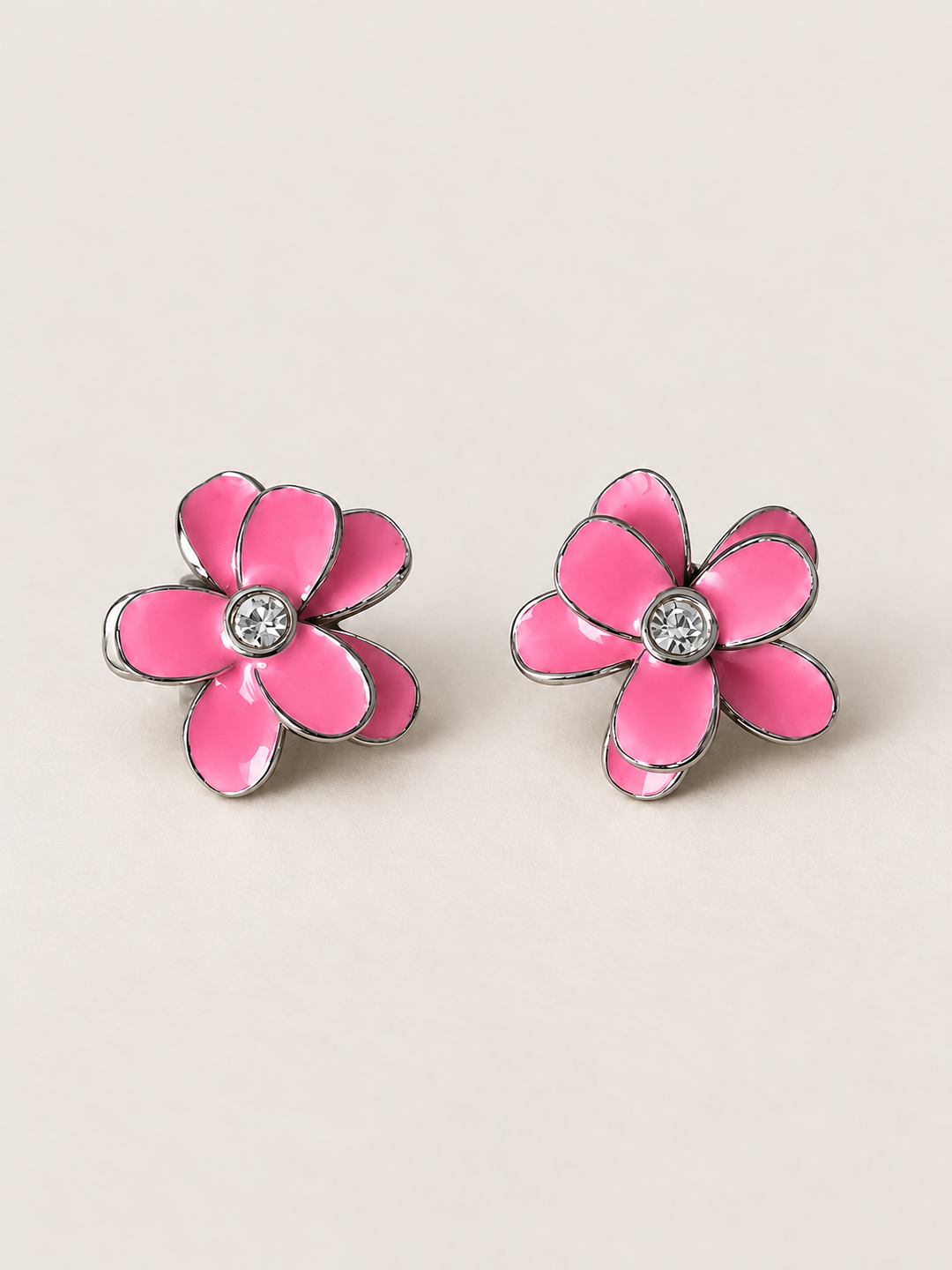 Enamel Flower Stud Earrings pink main on a warm neutral background