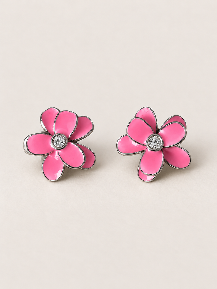 Enamel Flower Stud Earrings pink main on a warm neutral background