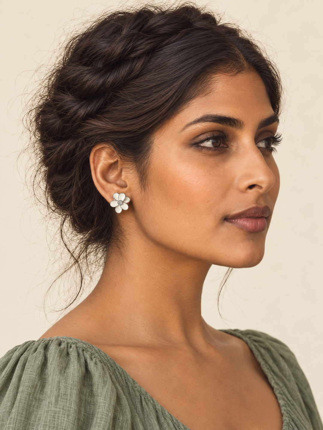 Enamel Flower Stud Earrings white model worn on a model