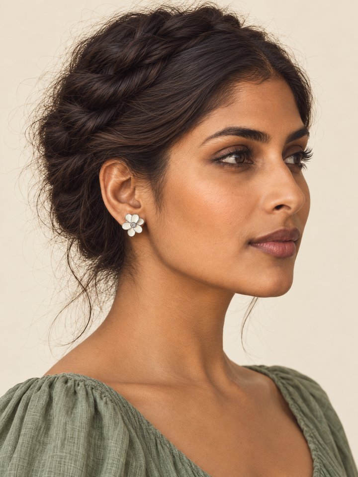 Enamel Flower Stud Earrings white model worn on a model