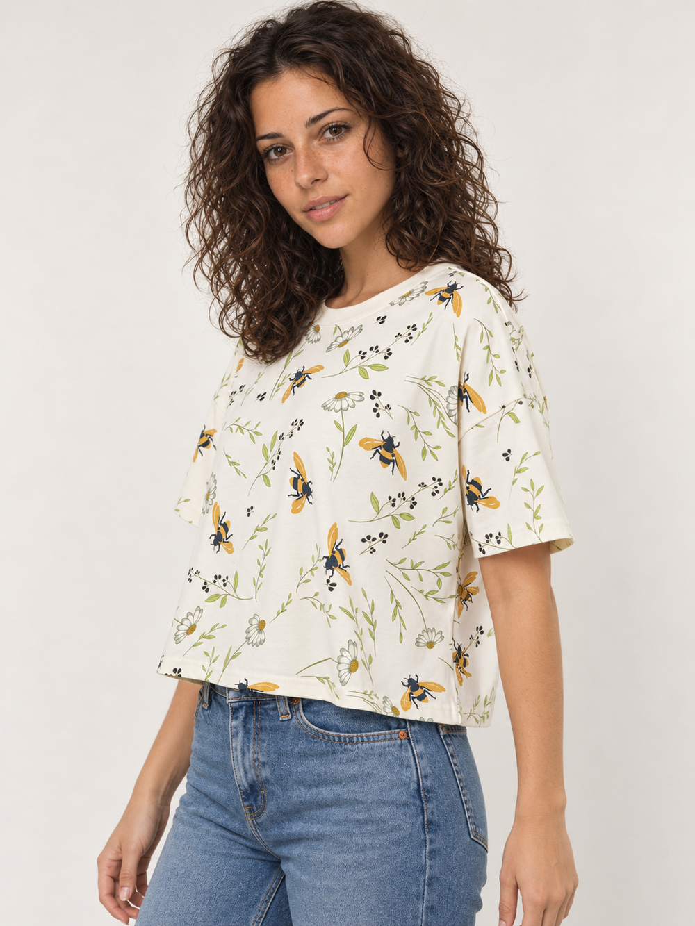 Floral bee crop top tee - angled view