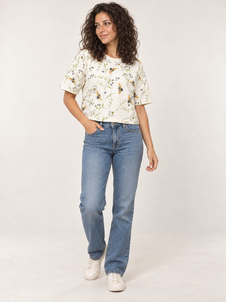 Floral bee crop top tee - full body view