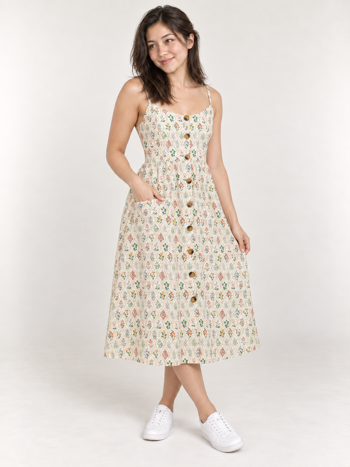 Floral Regency Garden Faux Button Down Dress modeled, 45-degree view