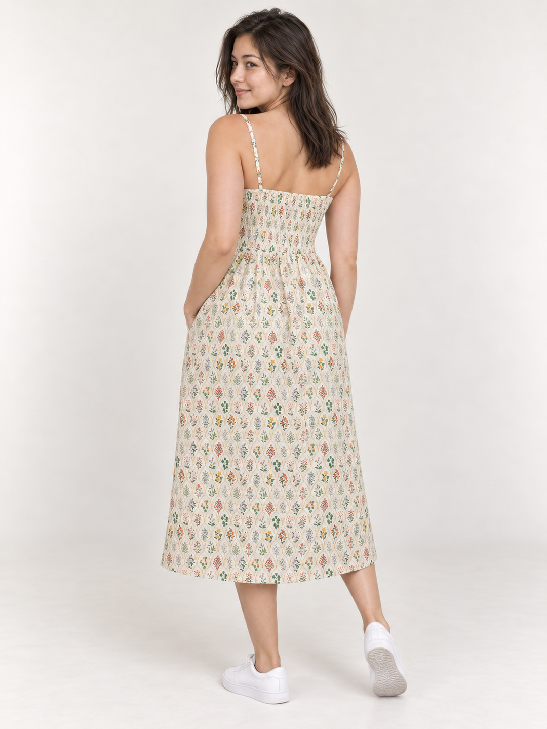 Floral Regency Garden Faux Button Down Dress modeled, full-body back view